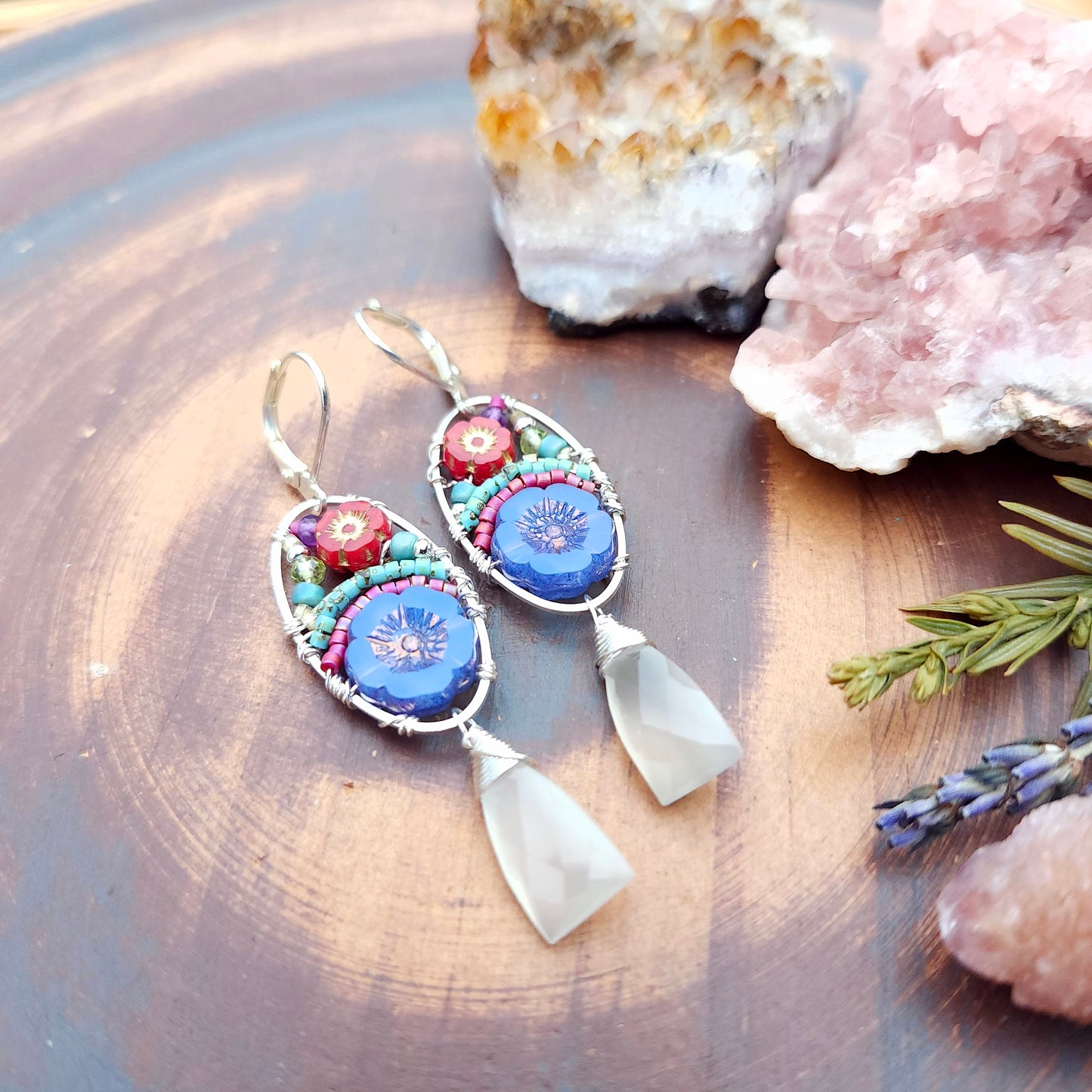 White Moonstone Beaded Blooms Earrings