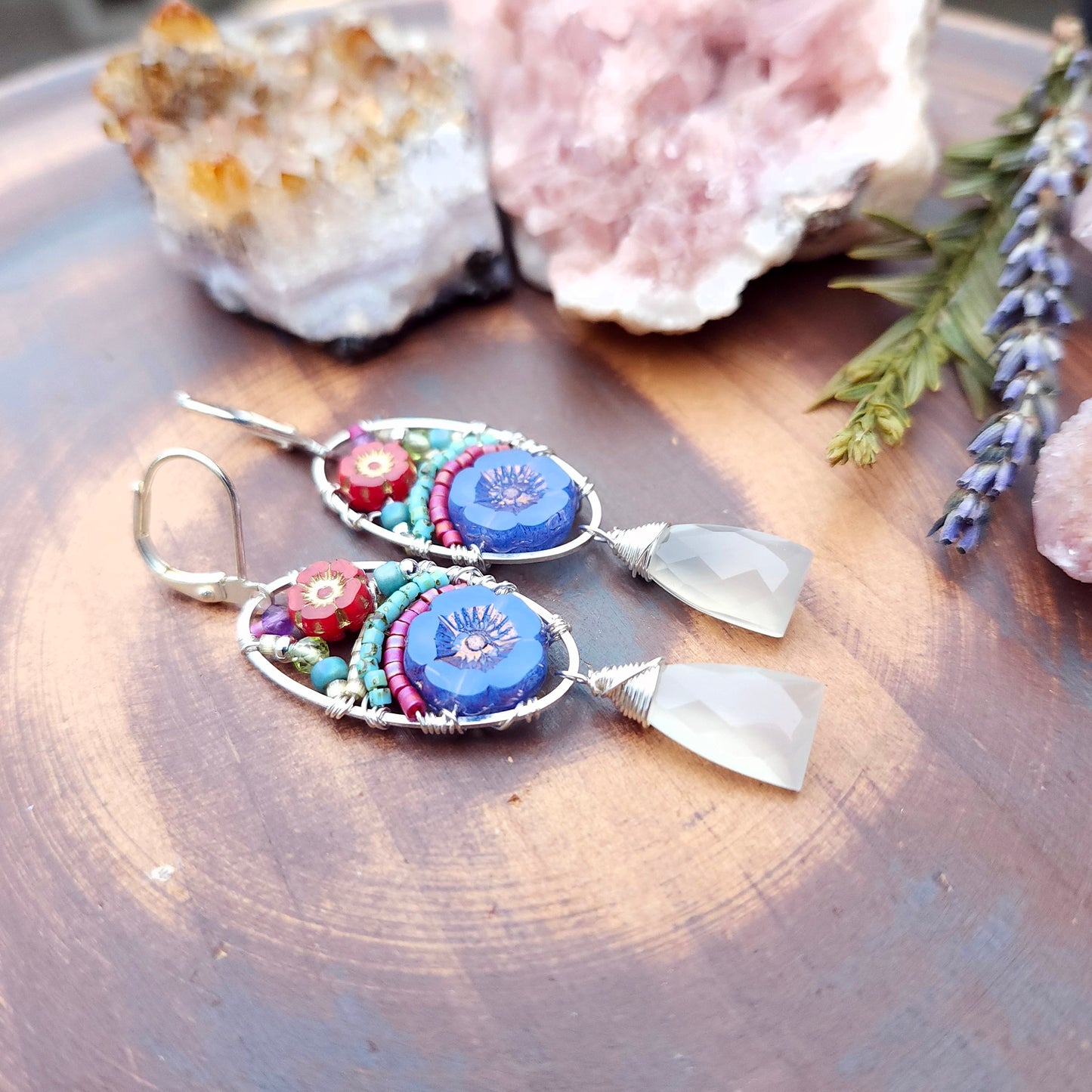 White Moonstone Beaded Blooms Earrings