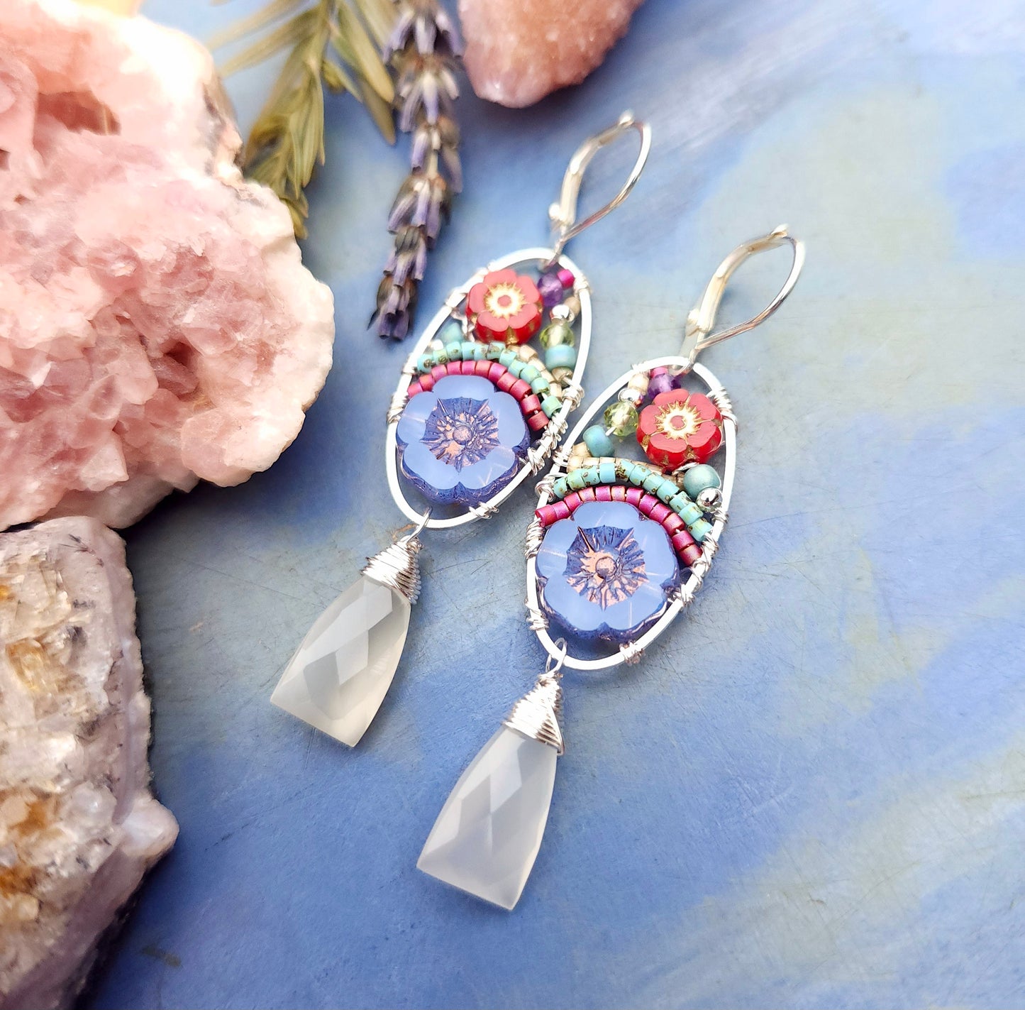 White Moonstone Beaded Blooms Earrings