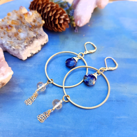 Lapis Lazuli and Quartz Kinetic Hoop Earrings