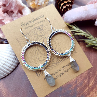 Disco Beaded Hoops with Labradorite