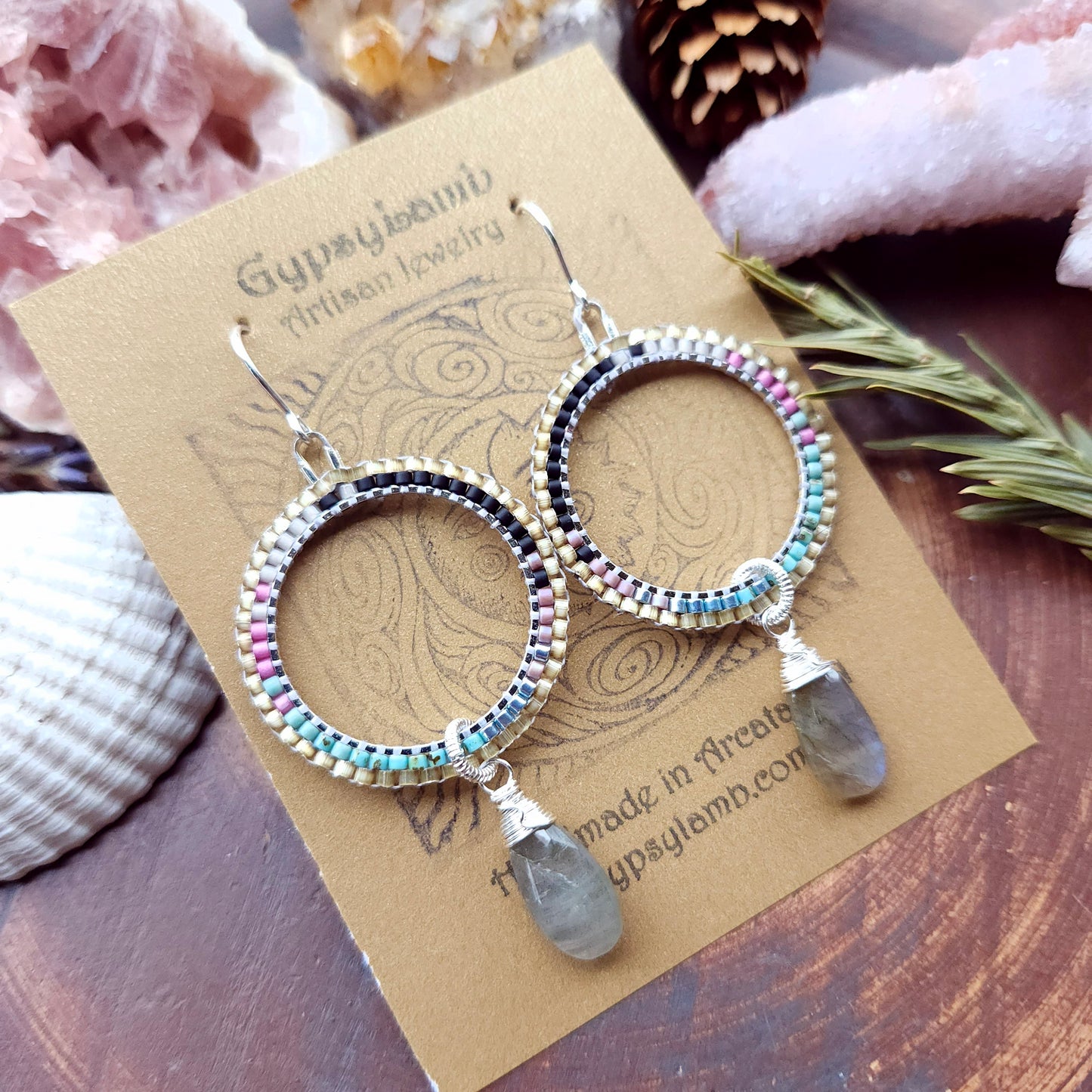 Disco Beaded Hoops with Labradorite