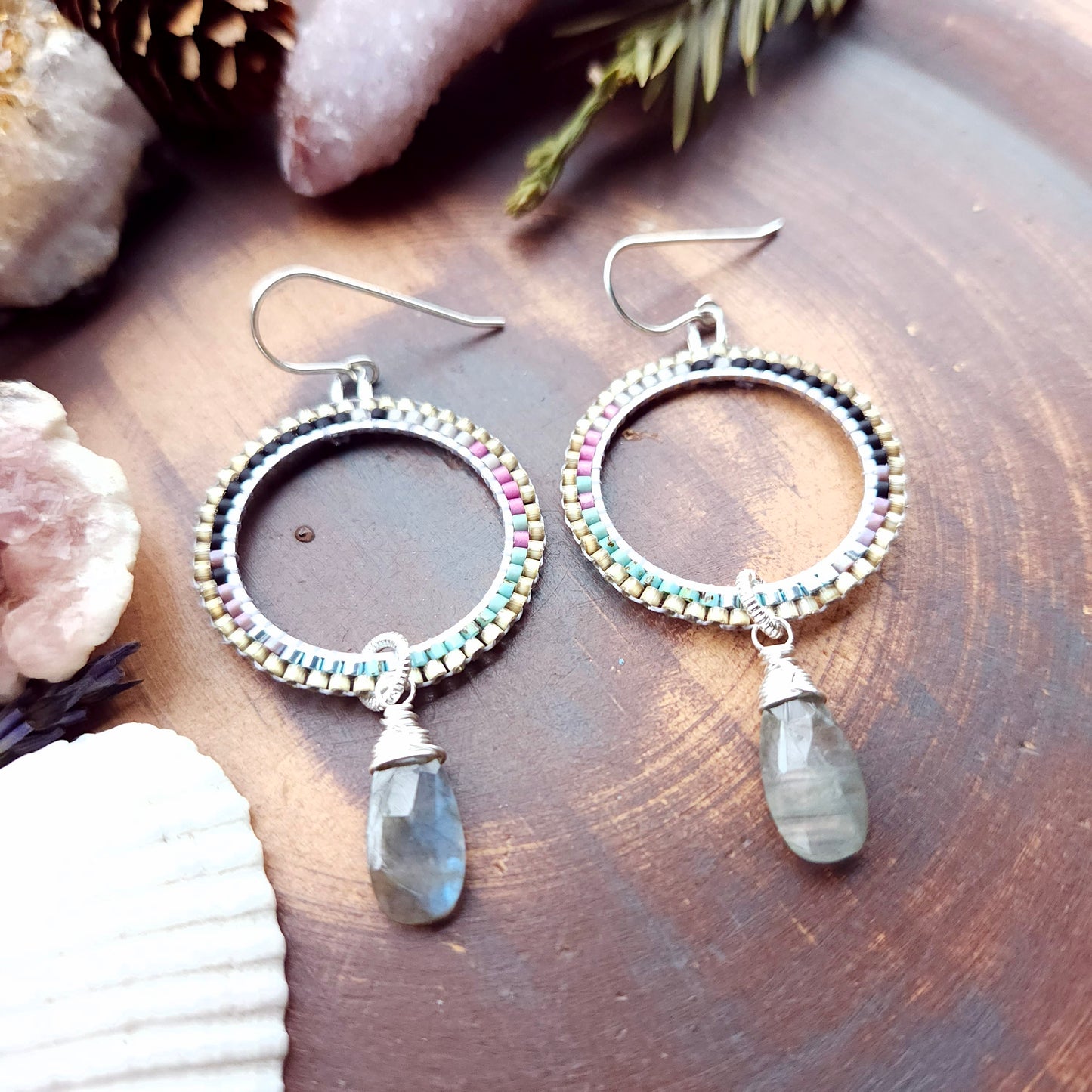 Disco Beaded Hoops with Labradorite