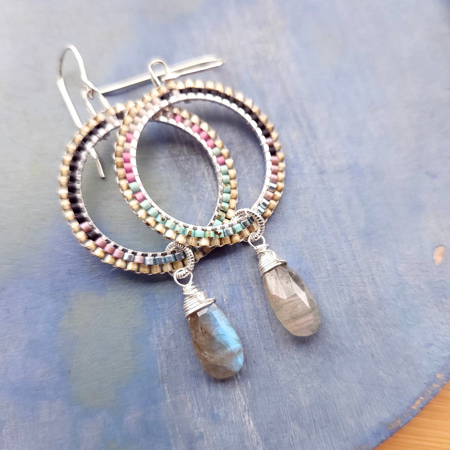 Disco Beaded Hoops with Labradorite