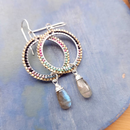 Disco Beaded Hoops with Labradorite