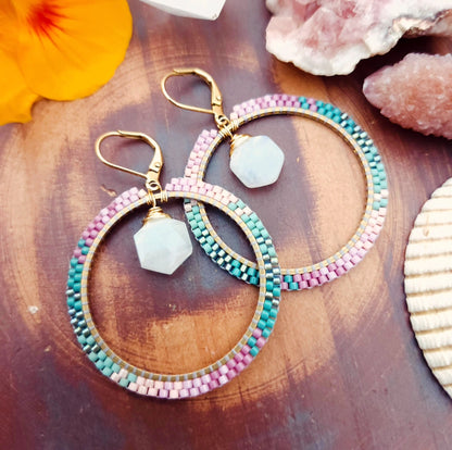 Woven Hoops with Rainbow Moonstone