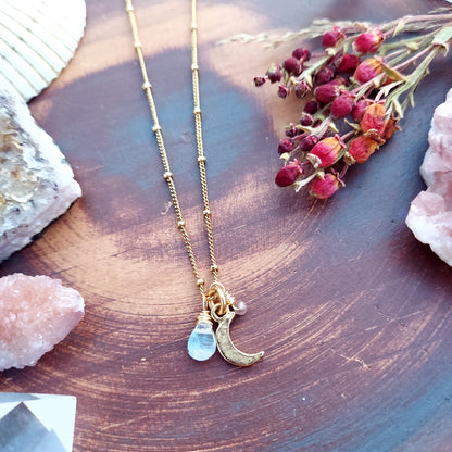Little Gold Moon and Moonstone Charm Necklace