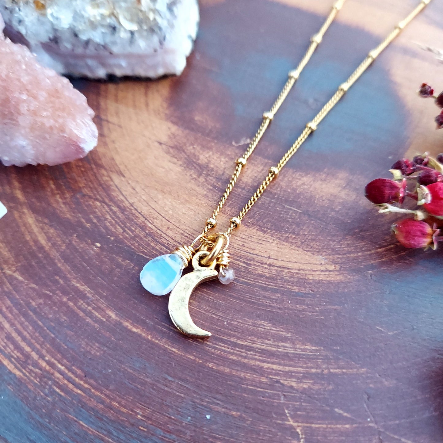 Little Gold Moon and Moonstone Charm Necklace