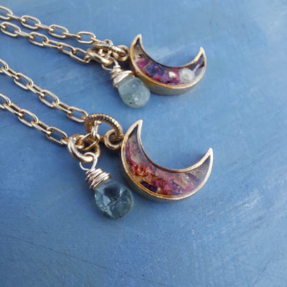 Gold Floral Moon Charm Necklace with Aquamarine