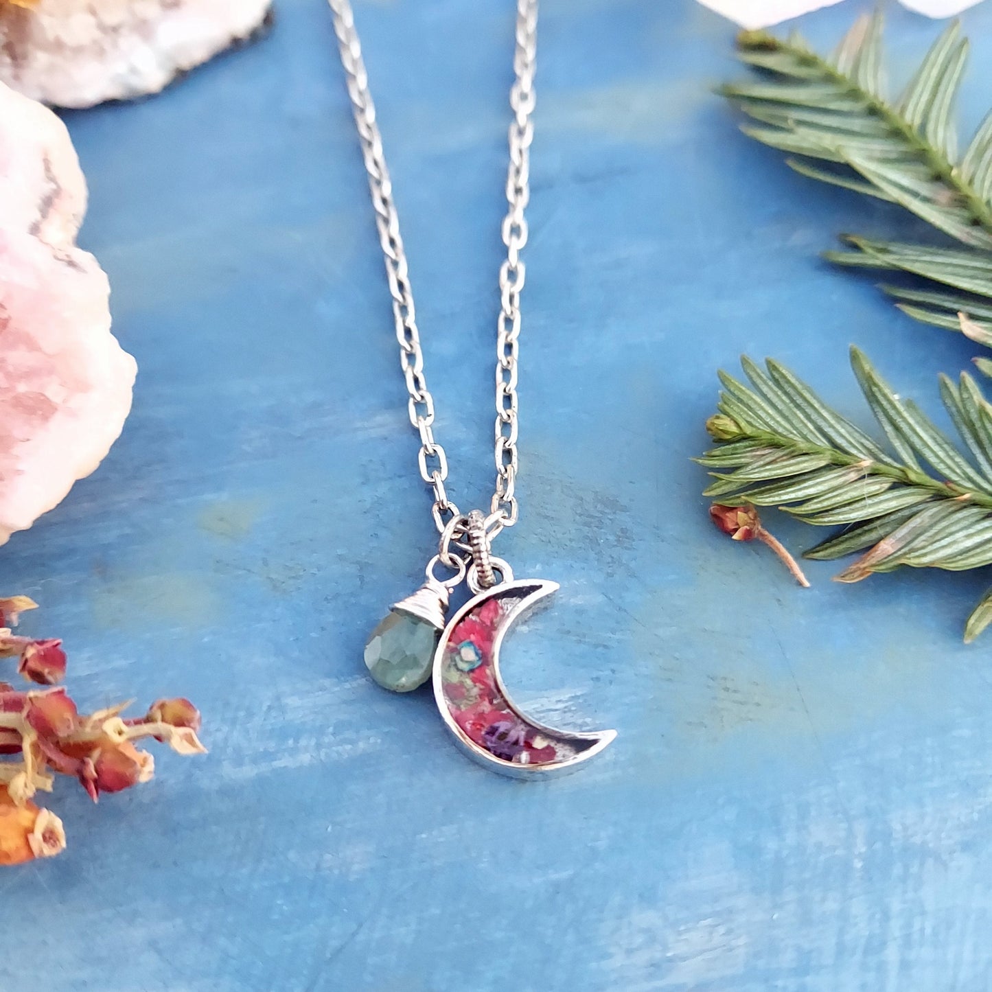 Silver Floral Moon Charm Necklace with Aquamarine
