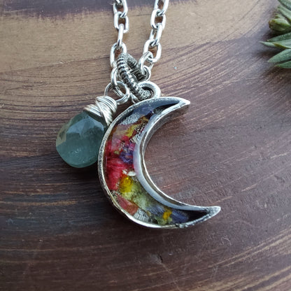 Silver Floral Moon Charm Necklace with Aquamarine